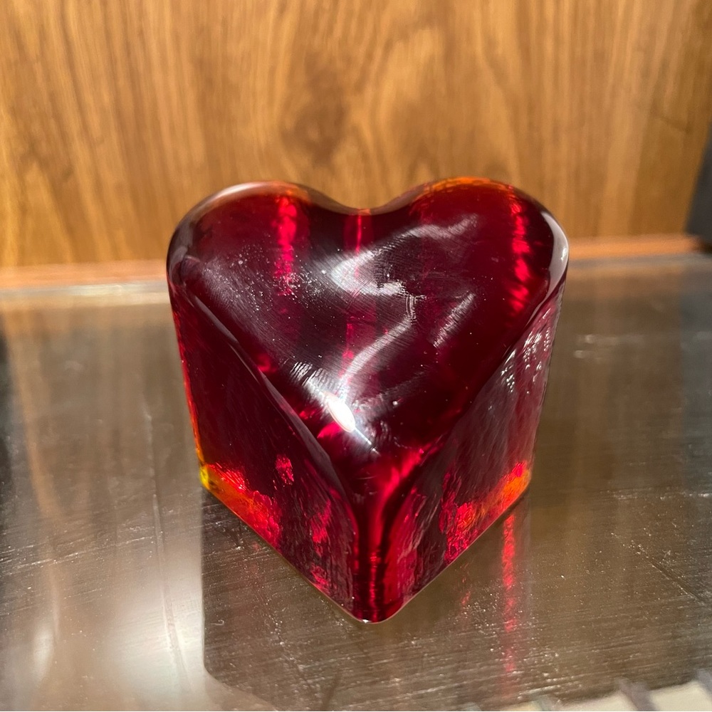 Signed Fire & Light glass heart paperweight